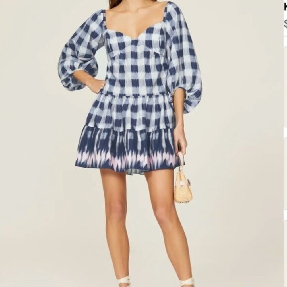 Sachin and Babi Kyle Gingham Ikat Tiered Mini Dress Blue Back Cutout NWT XL
